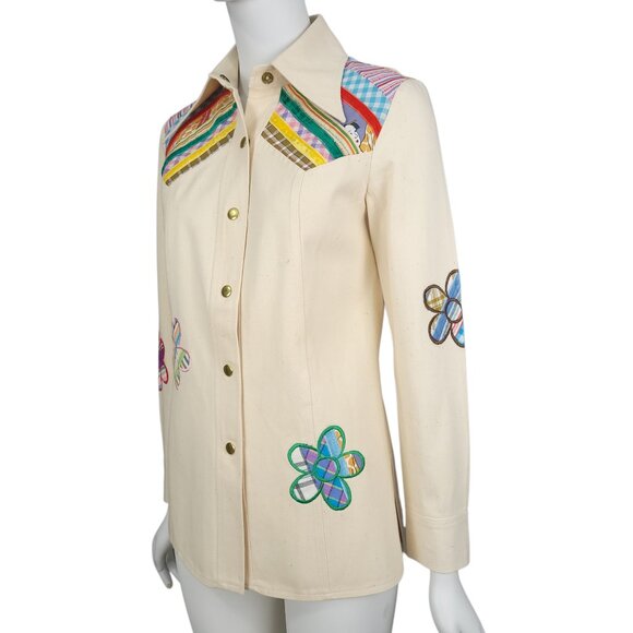 WENJILLI Vintage 70s 2pc Set 5/6 Beige Patchwork Snap Button Shirt Pants Hippie - Picture 4 of 16